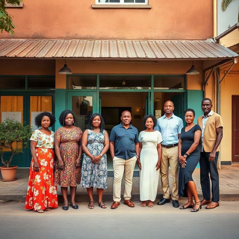 The Astrovalpha team of eight in front of their teal-accented premises on Kenyatta Avenue