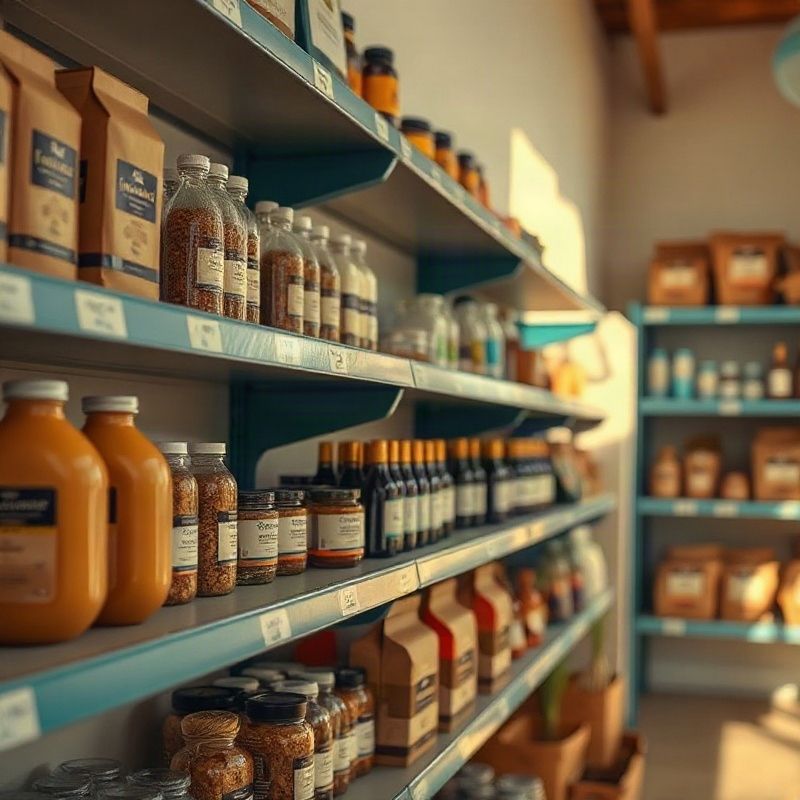 Neatly arranged products on teal-trimmed shelving inside Astrovalpha