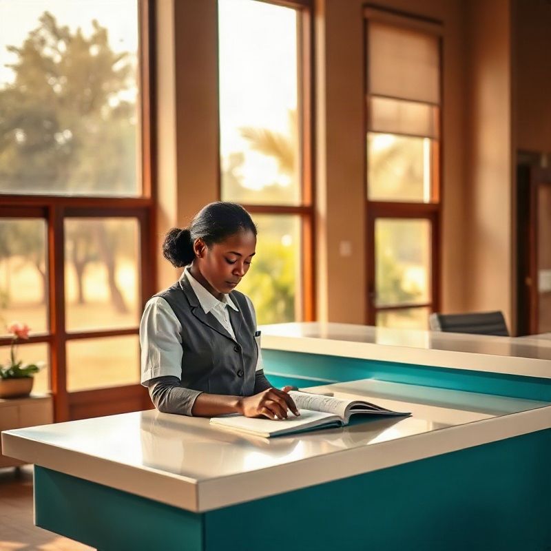 Astrovalpha reception counter with a staff member reviewing the appointment book